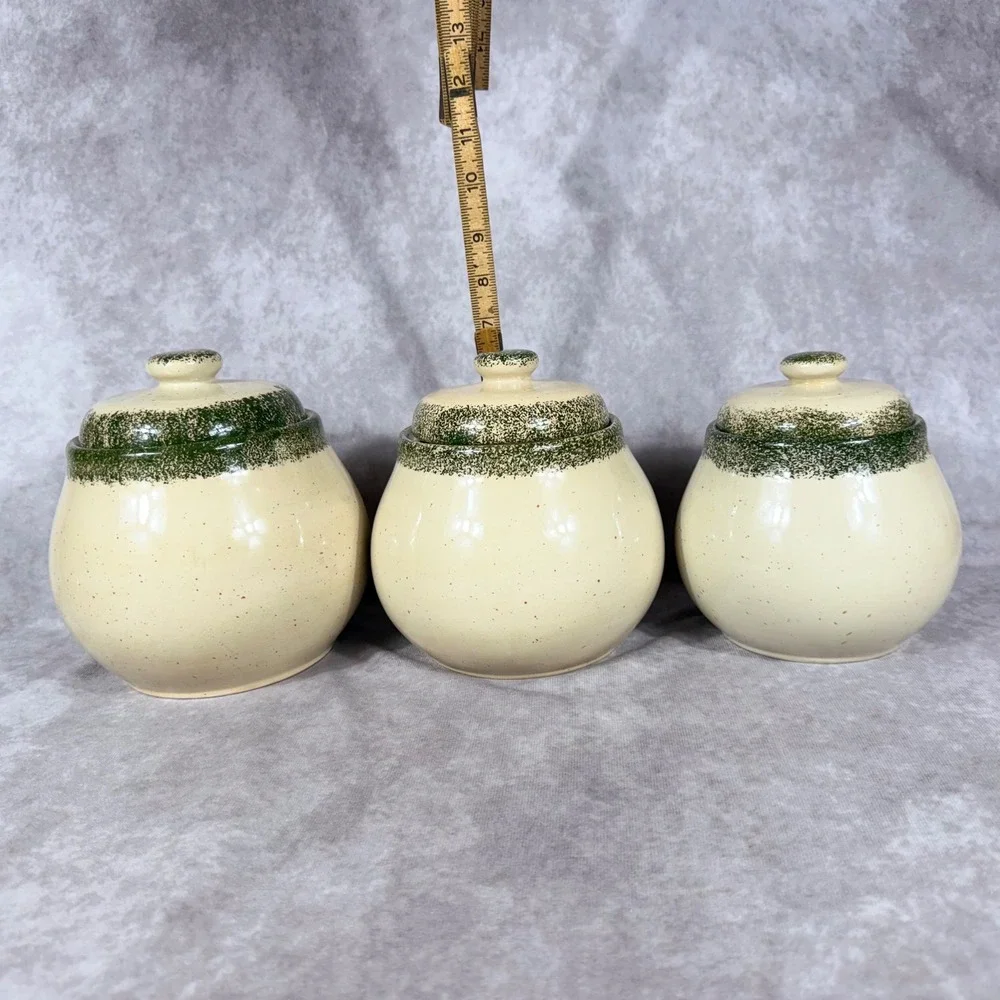 Vtg‎ Kenyield Fruit Canister Set 3pc Ceramic Jars Lids Apple Grape Pear Country